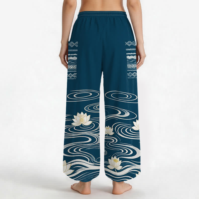 Buddha Stones Pantalones harem de algodón con estampado de ondas de loto y cintura elástica para mujer, con bolsillos laterales. - image 12