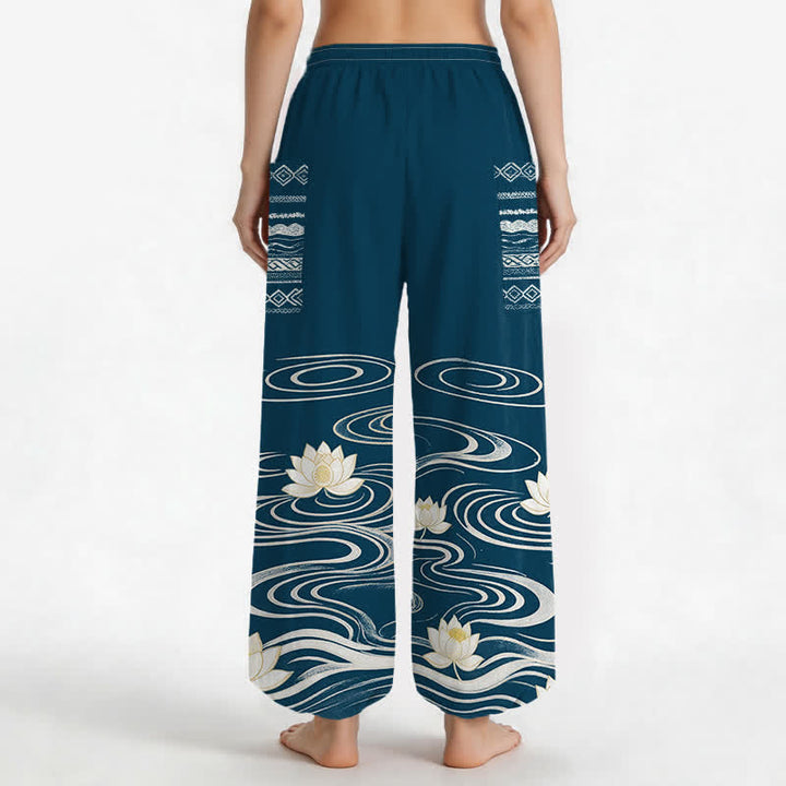 Buddha Stones Pantalones harem de algodón con estampado de ondas de loto y cintura elástica para mujer, con bolsillos laterales. - image 12
