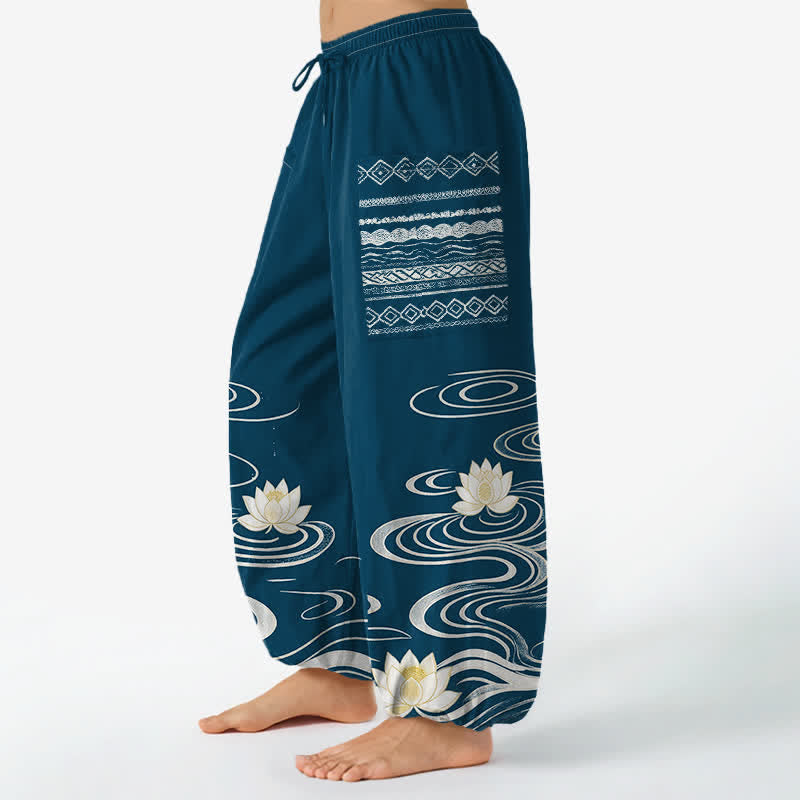 Buddha Stones Pantalones harem de algodón con estampado de ondas de loto y cintura elástica para mujer, con bolsillos laterales. - image 11