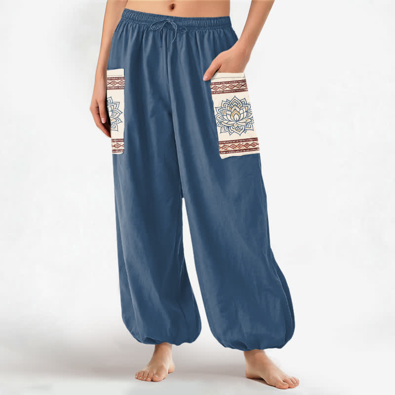 Buddha Stones Pantalones harem de algodón con estampado bohemio de mandala de loto y cintura elástica para mujer, con bolsillos laterales. - Azul acero - US16，UK/AU20，EU48 (3XL) - image 0