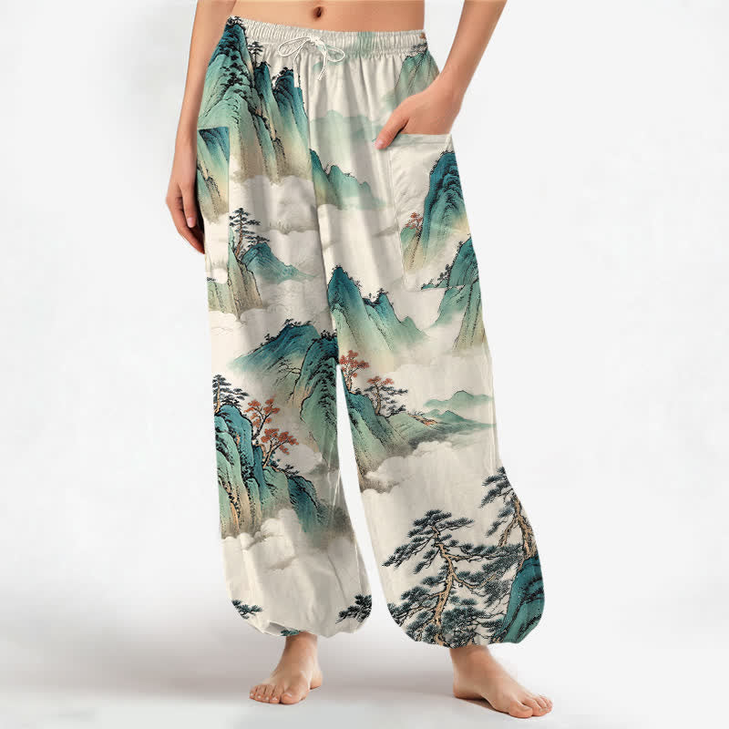 Buddha Stones Pantalones harem de mujer con cintura elástica y bolsillos laterales, estampado de paisaje de montaña y pinos de algodón. - Lino - US16，UK/AU20，EU48 (3XL) - image 0