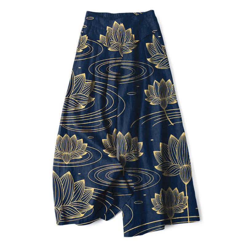 Buddha Stones Pantalones de mujer de algodón y lino con estampado de ondas de loto, cintura elástica y pernera ancha con bolsillos. - Marina de guerra - US16，UK/AU20，EU48 (3XL) - image 0