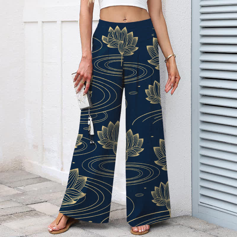 Buddha Stones Pantalones de mujer de algodón y lino con estampado de ondas de loto, cintura elástica y pernera ancha con bolsillos. - image 1