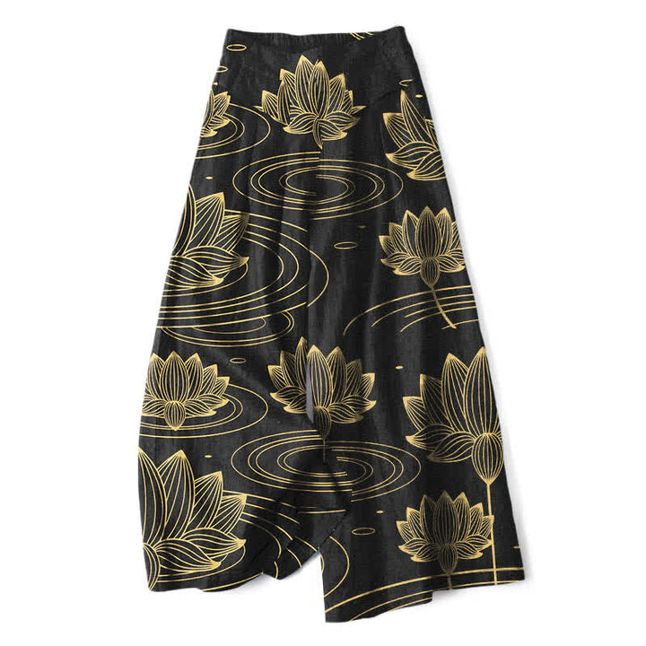Buddha Stones Pantalones de mujer de algodón y lino con estampado de ondas de loto, cintura elástica y pernera ancha con bolsillos. - Negro - US16，UK/AU20，EU48 (3XL) - image 4