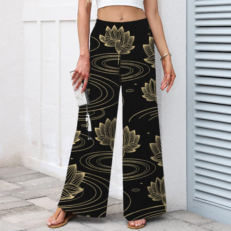 Buddha Stones Pantalones de mujer de algodón y lino con estampado de ondas de loto, cintura elástica y pernera ancha con bolsillos. - image 5