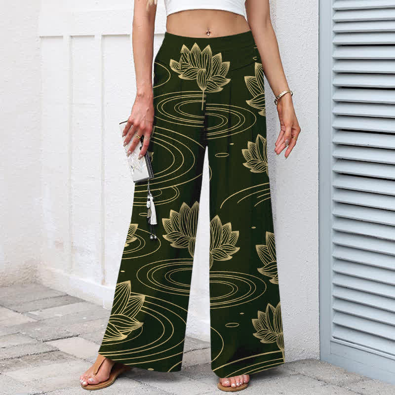 Buddha Stones Pantalones de mujer de algodón y lino con estampado de ondas de loto, cintura elástica y pernera ancha con bolsillos. - image 7
