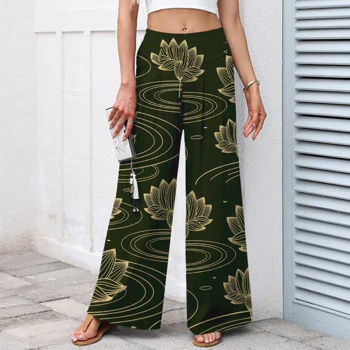 Buddha Stones Pantalones de mujer de algodón y lino con estampado de ondas de loto, cintura elástica y pernera ancha con bolsillos. - image 7