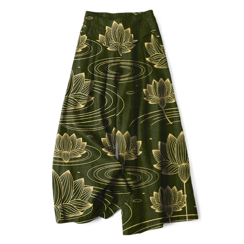 Buddha Stones Pantalones de mujer de algodón y lino con estampado de ondas de loto, cintura elástica y pernera ancha con bolsillos. - Verde oliva oscuro - US16，UK/AU20，EU48 (3XL) - image 6