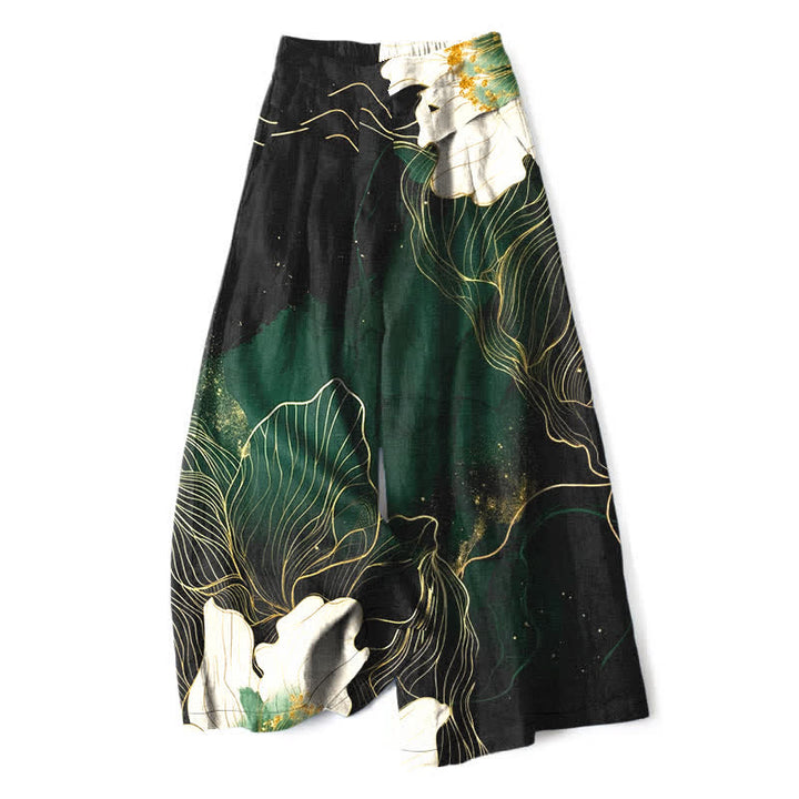 Buddha Stones Pantalones de mujer de algodón y lino con estampado floral artístico blanco, cintura elástica y pernera ancha con bolsillos. - Verde bosque - US16，UK/AU20，EU48 (3XL) - image 0