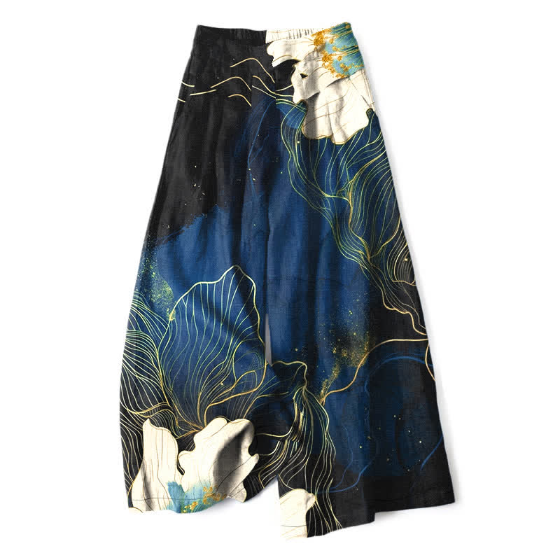 Buddha Stones Pantalones de mujer de algodón y lino con estampado floral artístico blanco, cintura elástica y pernera ancha con bolsillos. - Marina de guerra - US16，UK/AU20，EU48 (3XL) - image 4