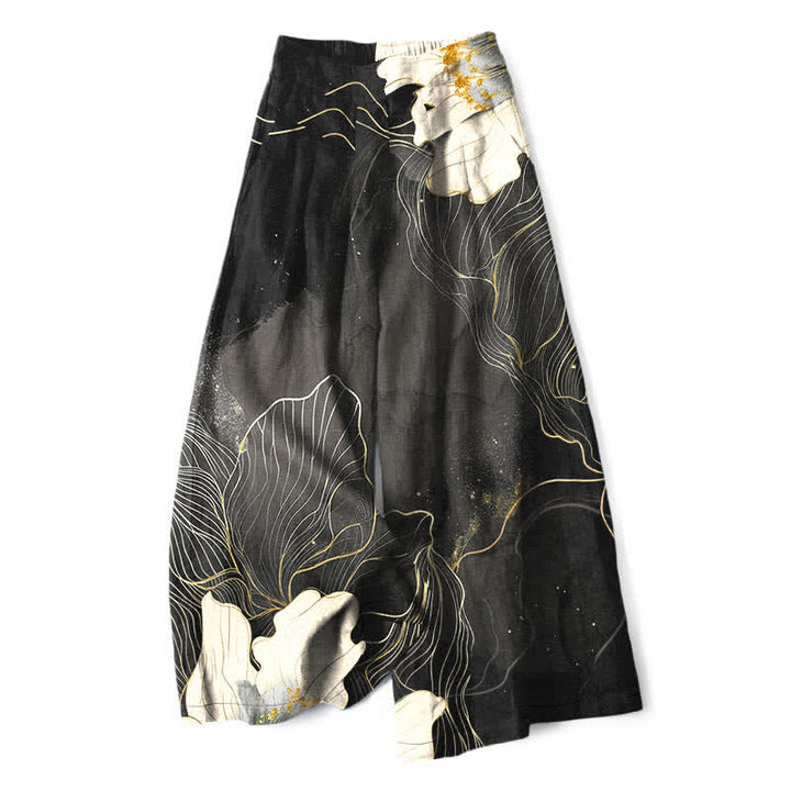 Buddha Stones Pantalones de mujer de algodón y lino con estampado floral artístico blanco, cintura elástica y pernera ancha con bolsillos. - Gris oscuro - US16，UK/AU20，EU48 (3XL) - image 6