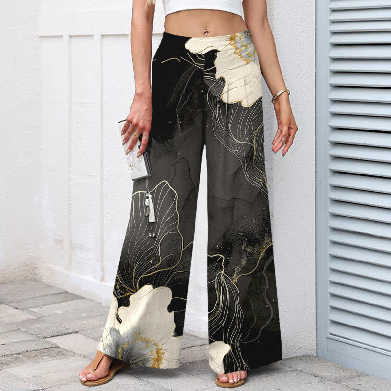 Buddha Stones Pantalones de mujer de algodón y lino con estampado floral artístico blanco, cintura elástica y pernera ancha con bolsillos. - image 7