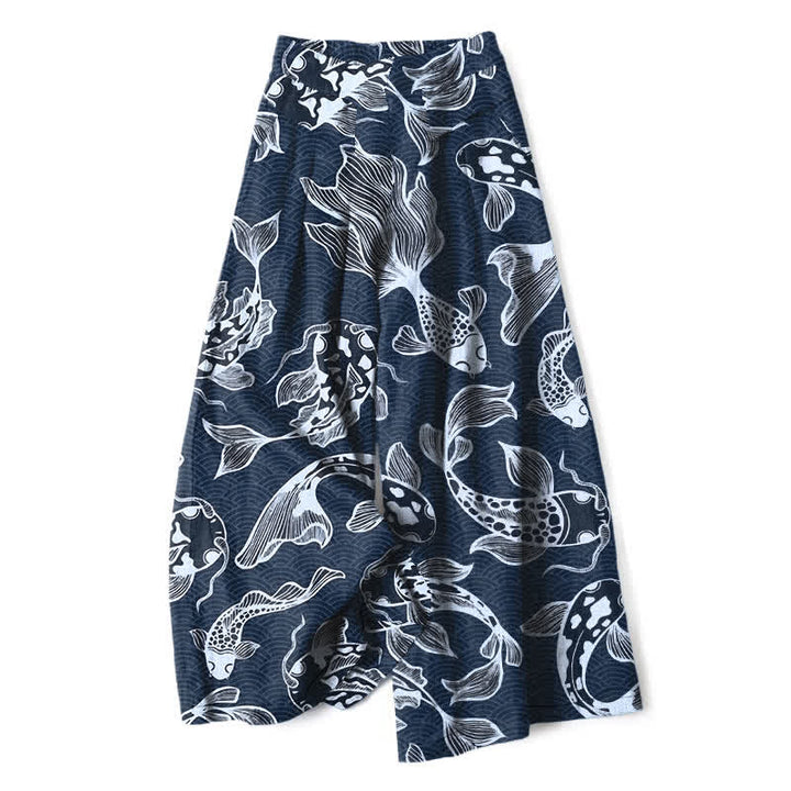 Buddha Stones Pantalones de mujer de lino y algodón con estampado artístico de estanque de carpas koi, cintura elástica, pernera ancha y bolsillos. - Marina de guerra - US16，UK/AU20，EU48 (3XL) - image 0