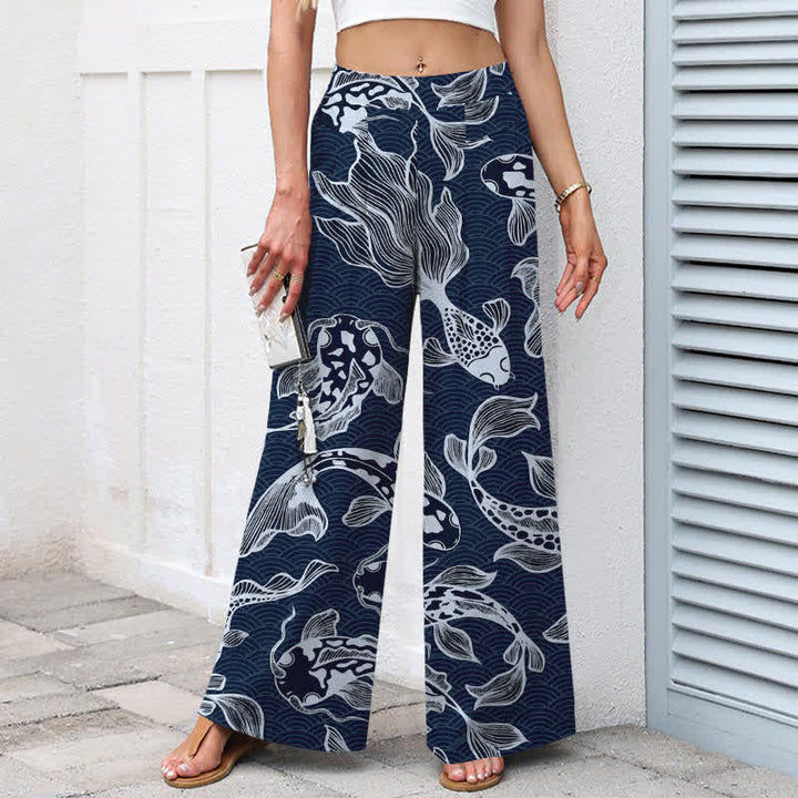 Buddha Stones Pantalones de mujer de lino y algodón con estampado artístico de estanque de carpas koi, cintura elástica, pernera ancha y bolsillos. - image 1