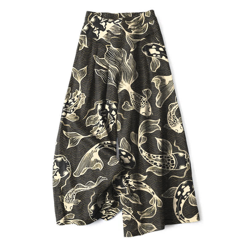Buddha Stones Pantalones de mujer de lino y algodón con estampado artístico de estanque de carpas koi, cintura elástica, pernera ancha y bolsillos. - Negro - US16，UK/AU20，EU48 (3XL) - image 4