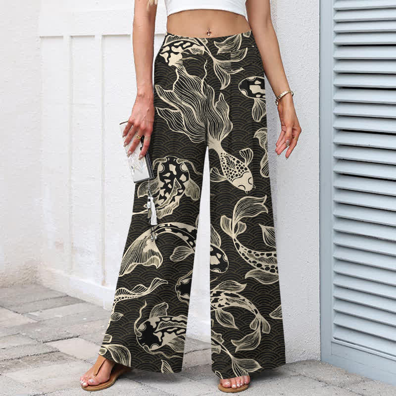 Buddha Stones Pantalones de mujer de lino y algodón con estampado artístico de estanque de carpas koi, cintura elástica, pernera ancha y bolsillos. - image 5