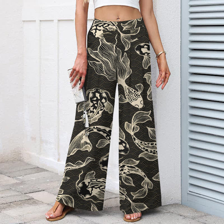 Buddha Stones Pantalones de mujer de lino y algodón con estampado artístico de estanque de carpas koi, cintura elástica, pernera ancha y bolsillos. - image 5