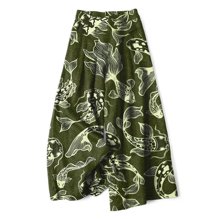 Buddha Stones Pantalones de mujer de lino y algodón con estampado artístico de estanque de carpas koi, cintura elástica, pernera ancha y bolsillos. - Verde oliva oscuro - US16，UK/AU20，EU48 (3XL) - image 6
