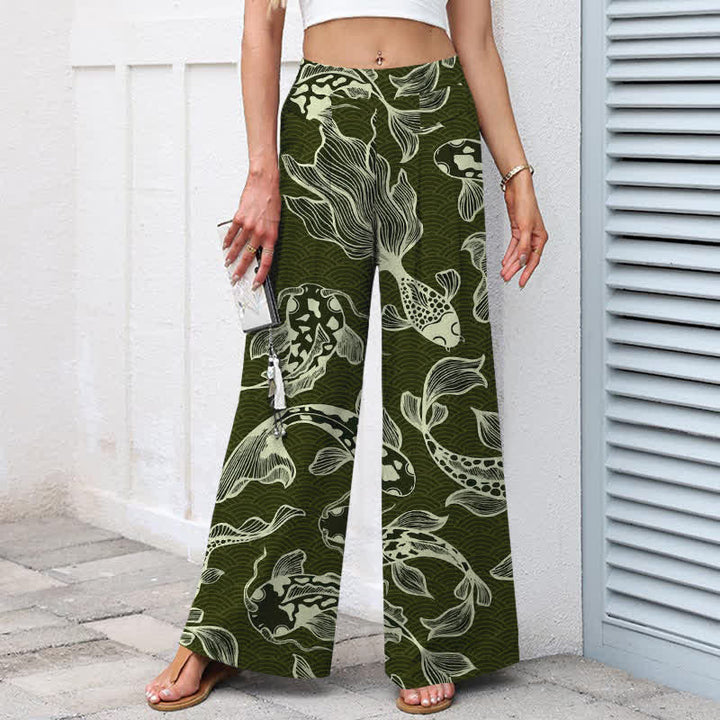 Buddha Stones Pantalones de mujer de lino y algodón con estampado artístico de estanque de carpas koi, cintura elástica, pernera ancha y bolsillos. - image 7