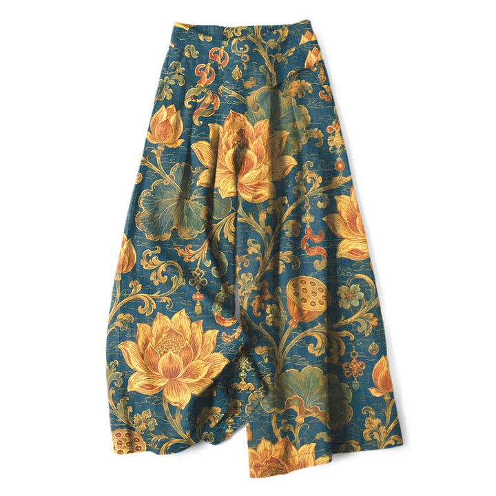 Buddha Stones Pantalones de mujer de algodón y lino con estampado floral de loto vintage, cintura elástica y pernera ancha con bolsillos. - Verde azulado - US16，UK/AU20，EU48 (3XL) - image 0