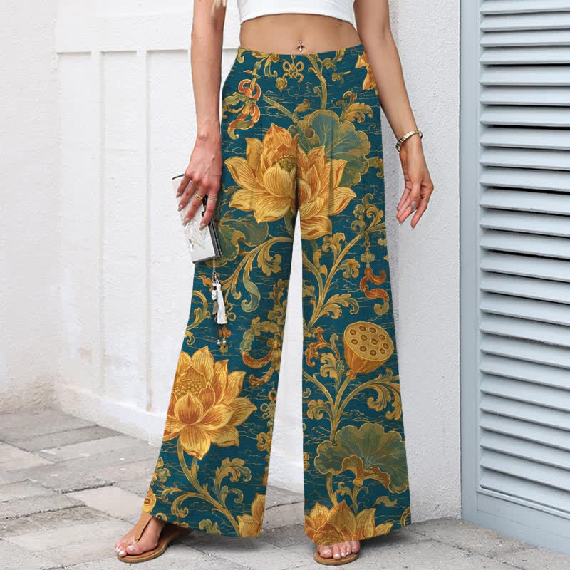 Buddha Stones Pantalones de mujer de algodón y lino con estampado floral de loto vintage, cintura elástica y pernera ancha con bolsillos. - image 1