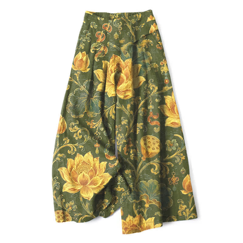 Buddha Stones Pantalones de mujer de algodón y lino con estampado floral de loto vintage, cintura elástica y pernera ancha con bolsillos. - Verde oliva - US16，UK/AU20，EU48 (3XL) - image 4