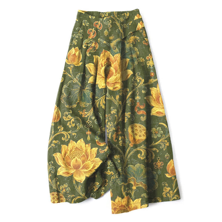 Buddha Stones Pantalones de mujer de algodón y lino con estampado floral de loto vintage, cintura elástica y pernera ancha con bolsillos. - Verde oliva - US16，UK/AU20，EU48 (3XL) - image 4