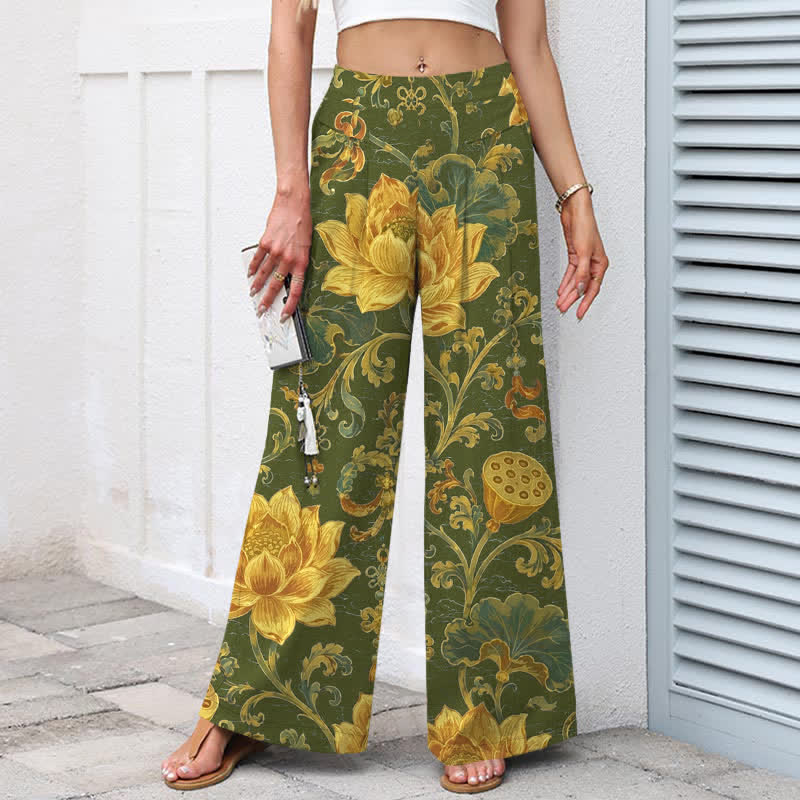 Buddha Stones Pantalones de mujer de algodón y lino con estampado floral de loto vintage, cintura elástica y pernera ancha con bolsillos. - image 5