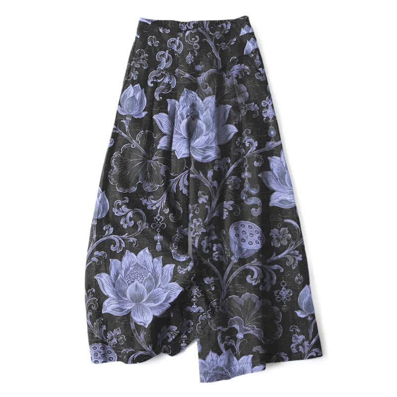 Buddha Stones Pantalones de mujer de algodón y lino con estampado floral de loto vintage, cintura elástica y pernera ancha con bolsillos. - Negro - US16，UK/AU20，EU48 (3XL) - image 6