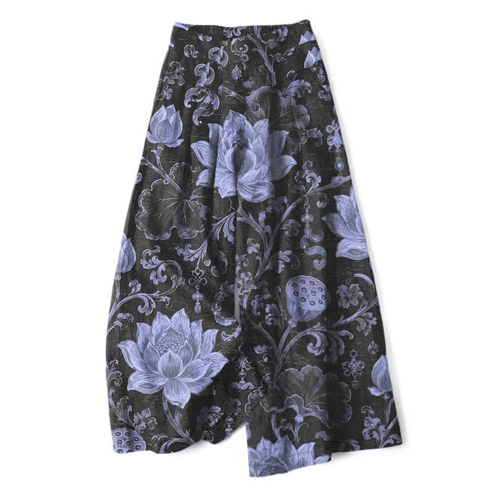 Buddha Stones Pantalones de mujer de algodón y lino con estampado floral de loto vintage, cintura elástica y pernera ancha con bolsillos. - Negro - US16，UK/AU20，EU48 (3XL) - image 6
