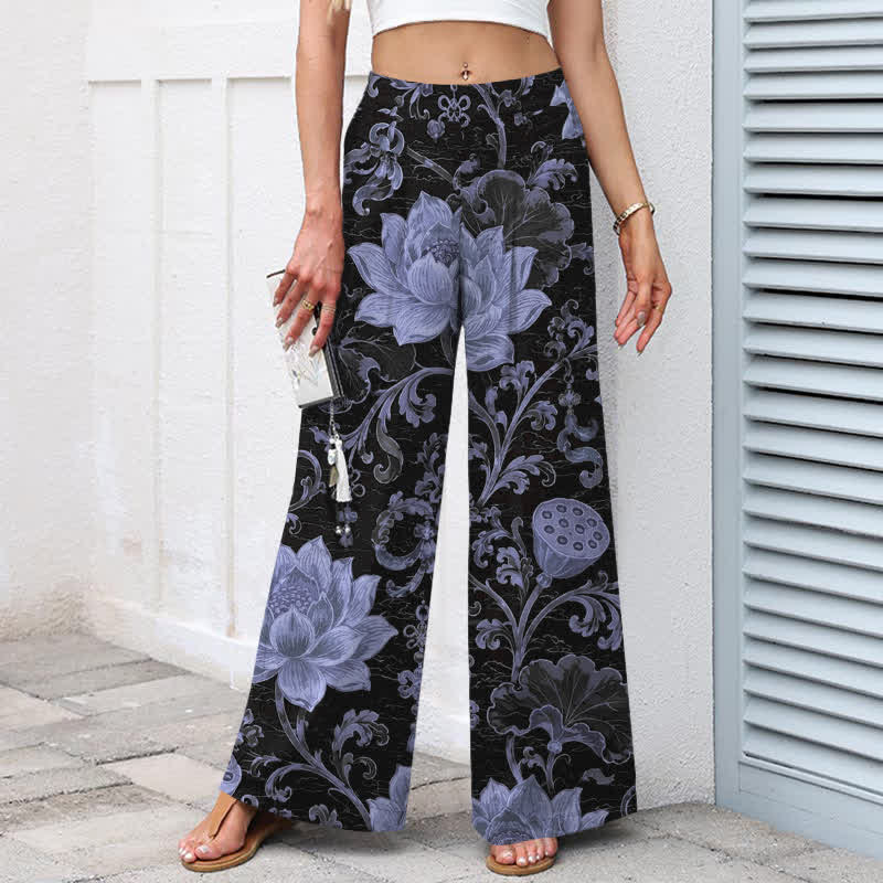 Buddha Stones Pantalones de mujer de algodón y lino con estampado floral de loto vintage, cintura elástica y pernera ancha con bolsillos. - image 7