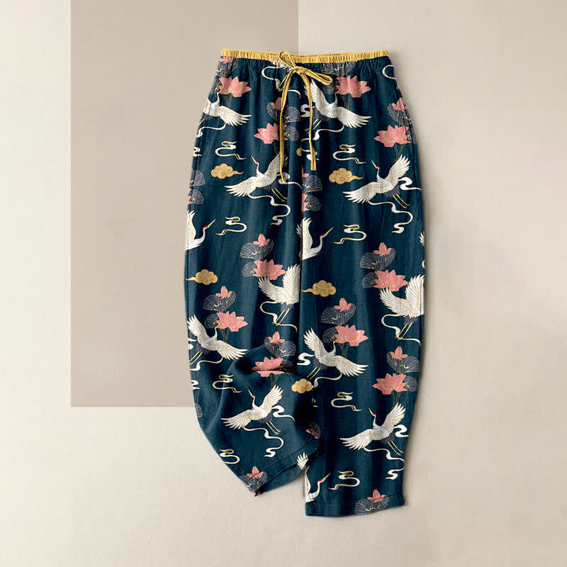 Buddha Stones Pantalones de mujer de algodón puro con estampado vintage de loto y grulla, cintura elástica y bolsillos. - Gris pizarra oscuro - US16，UK/AU20，EU48 (3XL) - image 0