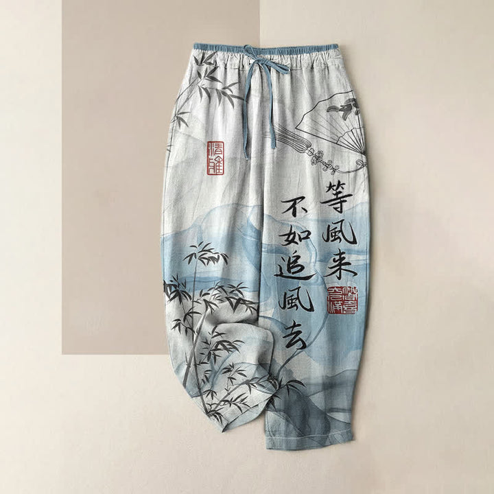 Buddha Stones Pantalones de mujer de algodón puro con estampado oriental de bambú, cintura elástica y bolsillos. - Azul cielo claro - US16，UK/AU20，EU48 (3XL) - image 0