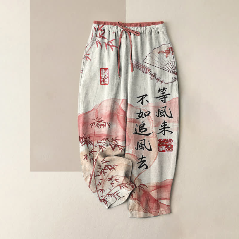 Buddha Stones Pantalones de mujer de algodón puro con estampado oriental de bambú, cintura elástica y bolsillos. - Tomate - US16，UK/AU20，EU48 (3XL) - image 3