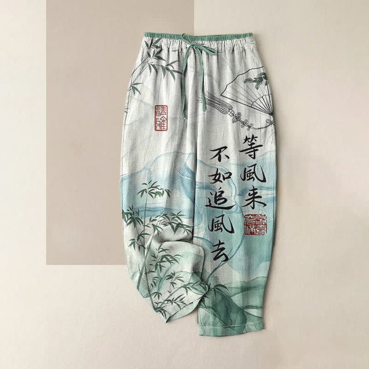 Buddha Stones Pantalones de mujer de algodón puro con estampado oriental de bambú, cintura elástica y bolsillos. - Verde mar medio - US16，UK/AU20，EU48 (3XL) - image 4