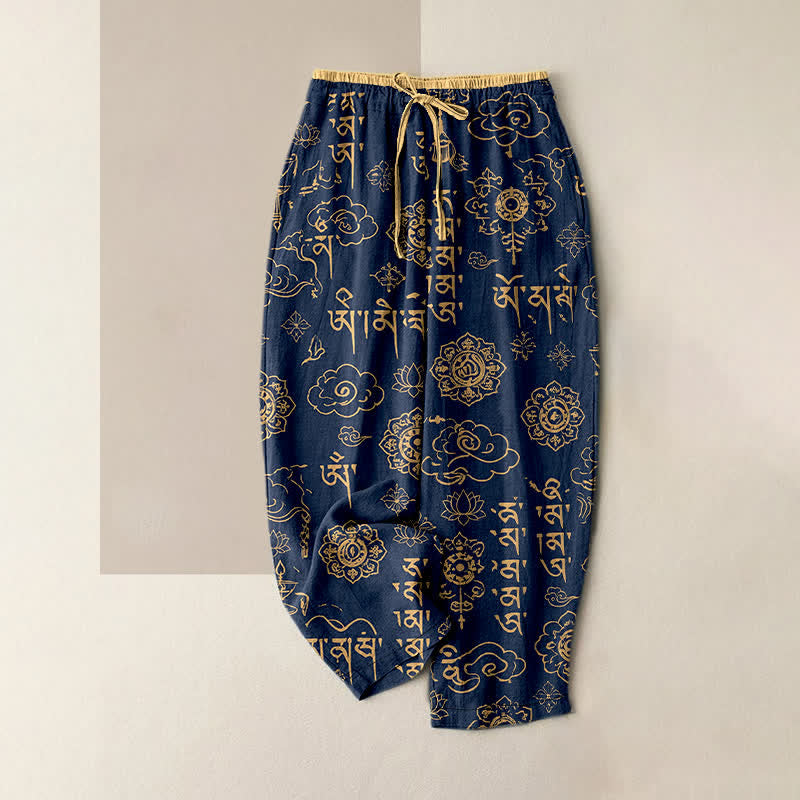 Buddha Stones Pantalones de mujer de algodón puro con estampado de escritura tibetana, cintura elástica y bolsillos. - Marina de guerra - US16，UK/AU20，EU48 (3XL) - image 0