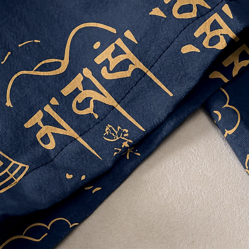 Buddha Stones Pantalones de mujer de algodón puro con estampado de escritura tibetana, cintura elástica y bolsillos. - image 2