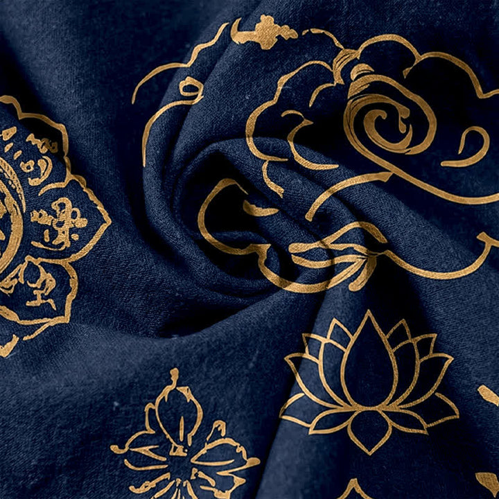 Buddha Stones Pantalones de mujer de algodón puro con estampado de escritura tibetana, cintura elástica y bolsillos. - image 3