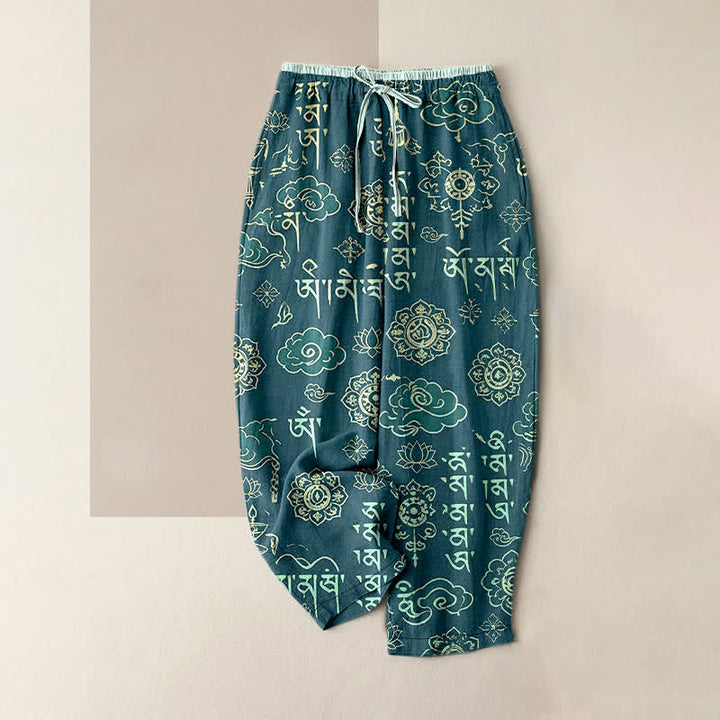 Buddha Stones Pantalones de mujer de algodón puro con estampado de escritura tibetana, cintura elástica y bolsillos. - Verde azulado - US16，UK/AU20，EU48 (3XL) - image 4
