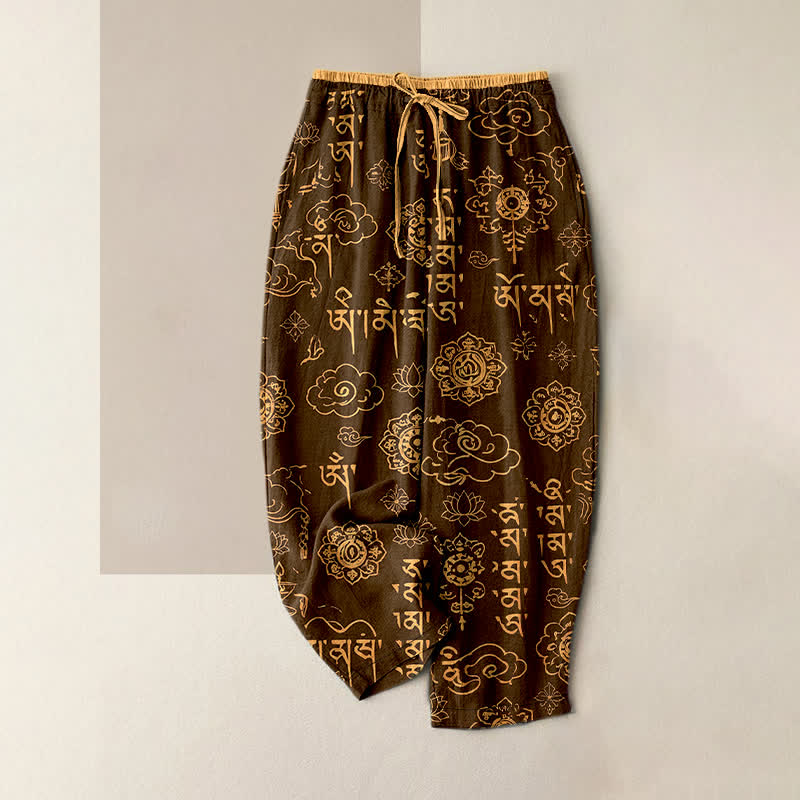 Buddha Stones Pantalones de mujer de algodón puro con estampado de escritura tibetana, cintura elástica y bolsillos. - Marrón silla de montar - US16，UK/AU20，EU48 (3XL) - image 5