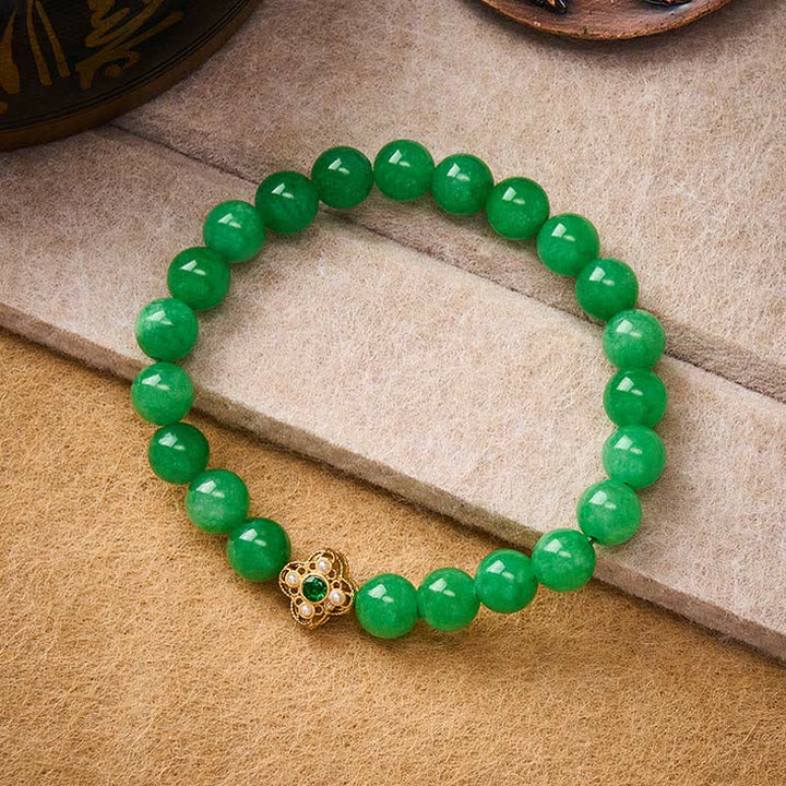 Buddha Stones Pulsera de cuentas de jade y cuarcita natural con forma de flor de la paz - Jade de cuarcita (circunferencia de la muñeca: 15-16 cm) - image 0