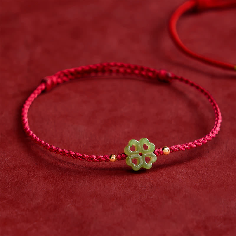Buddha Stones Pulsera de cuerda roja con trébol de cuatro hojas de jade cian natural de Hetian - Jade cian (circunferencia de la muñeca: 15-18 cm) - image 0