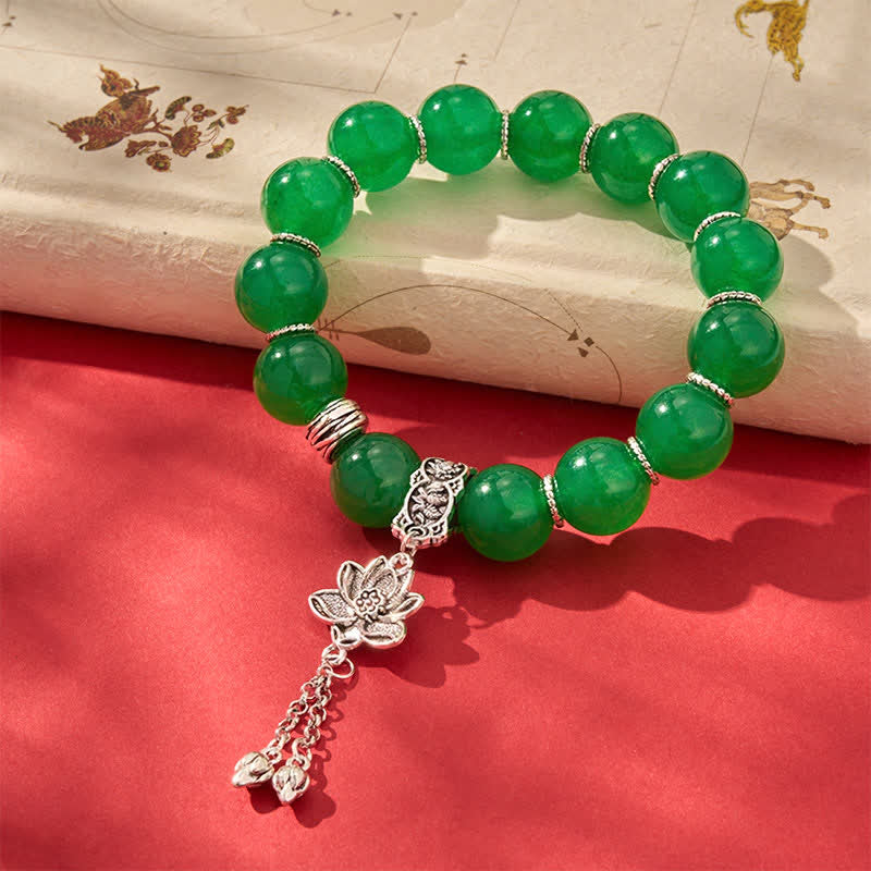 Buddha Stones Pulsera protectora con dije de loto, cuentas de jade y cuarcita verde natural - Jade de cuarcita (circunferencia de la muñeca: 17-18 cm) - image 0