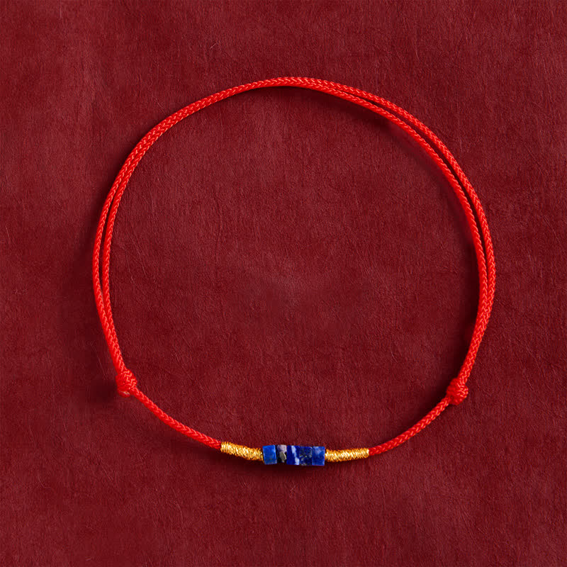 Buddha Stones Pulsera de la suerte de hilo rojo de lapislázuli, tejida a mano, ultrafina, con forma cuadrada pequeña. - image 1