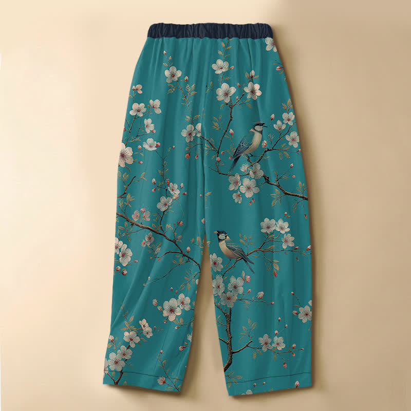 Buddha Stones Pantalones harem de algodón puro con estampado vintage de flores y pájaros, botones de rana y cintura elástica para mujer, con bolsillos. - image 1