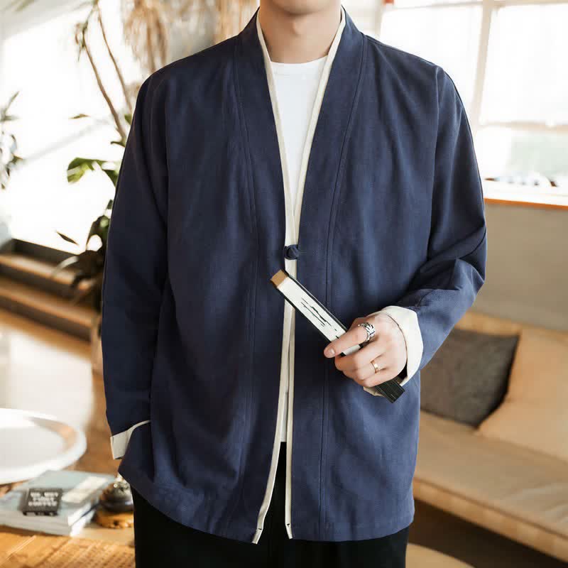 Buddha Stones Kimono de hombre de algodón liso con botones de rana, estilo Tang minimalista, para otoño/invierno. - image 1