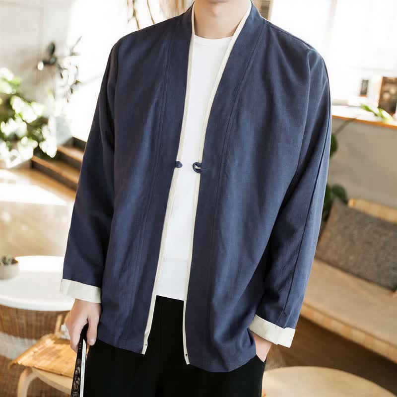 Buddha Stones Kimono de hombre de algodón liso con botones de rana, estilo Tang minimalista, para otoño/invierno. - Marina de guerra - US/UK/AU46, EU56 (5XL) - image 0