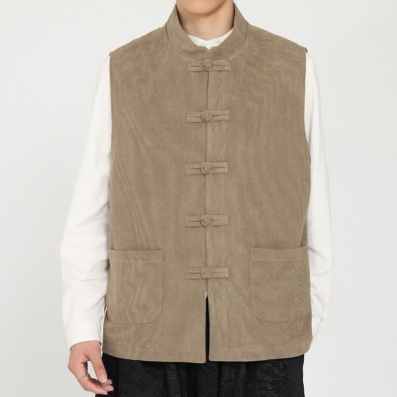 Buddha Stones Chalecos de hombre estilo Tang vintage con botones de rana, de pana lisa, estilo camiseta sin mangas, para otoño/invierno, con bolsillo. - image 1