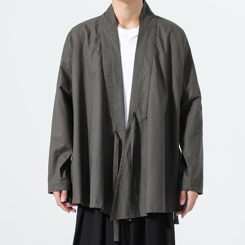 Buddha Stones Kimono de hombre liso con cordón ajustable, estilo Tang minimalista para otoño - Gris oscuro - US/UK/AU46, EU56 (5XL) - image 0