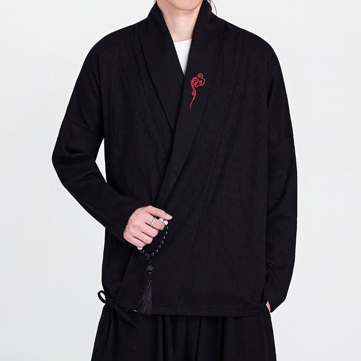 Buddha Stones Kimono de hombre liso con bordados estilo Tang, ideal para otoño/invierno. - Negro - US/UK/AU46, EU56 (5XL) - image 0